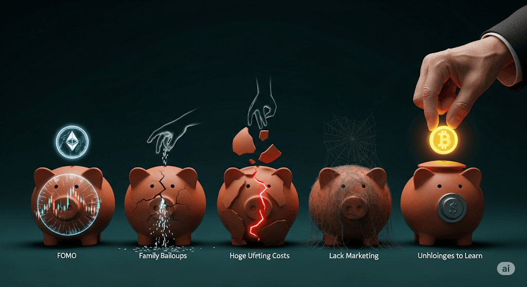 Lima celengan retak melambangkan 5 kesalahan bisnis pemula pensiunan yang harus dihindari saat menggunakan dana pensiun.