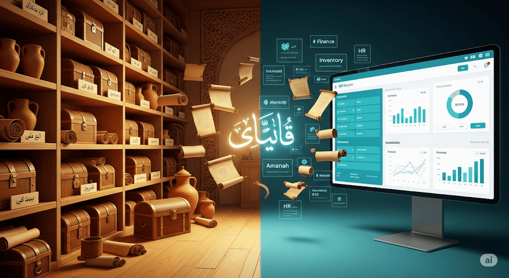 Transformasi dari administrasi Baitul Mal kuno ke dashboard ERP modern, menunjukkan manfaat sistem ERP custom yang berprinsip amanah.