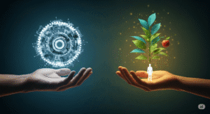 Dua tangan kontras antara teknologi dan solusi organik, sebuah metafora untuk pentingnya memahami kebutuhan pelanggan.