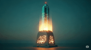 Sebuah gedung bisnis modern yang berdiri kokoh di atas fondasi kuno 'Al-Amin', sebuah konsep untuk membangun kepercayaan pelanggan.