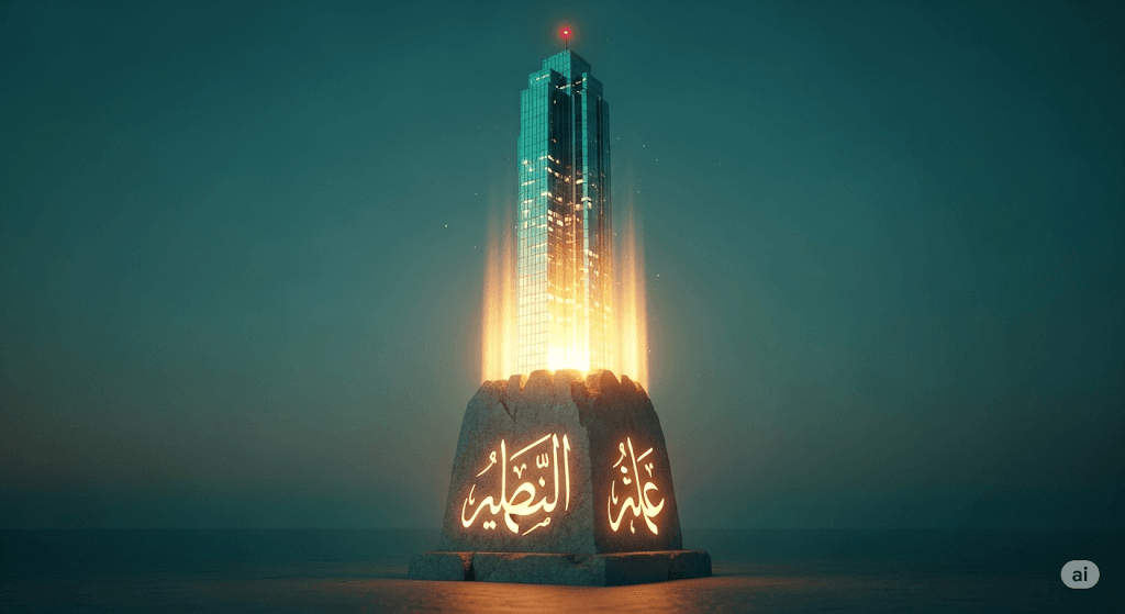 Sebuah gedung bisnis modern yang berdiri kokoh di atas fondasi kuno 'Al-Amin', sebuah konsep untuk membangun kepercayaan pelanggan.