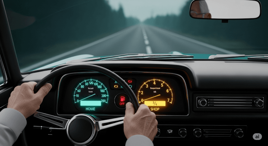 Dasbor mobil dengan dua tangki bensin terpisah, sebuah analogi untuk membuat anggaran usaha sederhana bagi pensiunan.