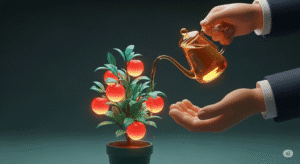 Sepasang tangan menyirami tanaman, sebuah metafora untuk menciptakan loyalitas pelanggan melalui pelayanan yang tulus dan berkelanjutan.