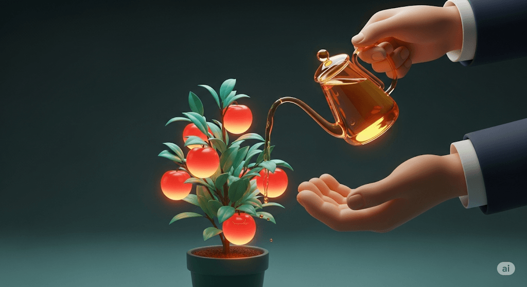 Sepasang tangan menyirami tanaman, sebuah metafora untuk menciptakan loyalitas pelanggan melalui pelayanan yang tulus dan berkelanjutan.