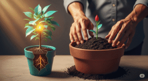 Sebuah tangan membantu tanaman yang terhambat untuk pindah ke tanah yang lebih subur, sebuah metafora untuk mengatasi bisnis stagnan.