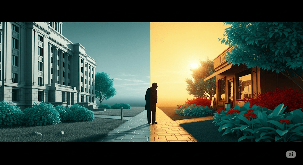 Seorang pensiunan melihat ke arah kebun usaha yang cerah, sebuah visualisasi inspiratif untuk memulai bisnis setelah pensiun.