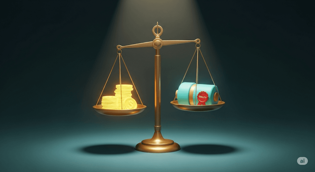 Timbangan yang seimbang antara uang dan produk, melambangkan strategi penetapan harga yang adil dalam bisnis