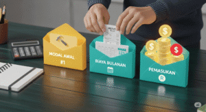 Tiga amplop anggaran di atas meja, sebuah template sederhana untuk membuat anggaran usaha rumahan bagi pemula.