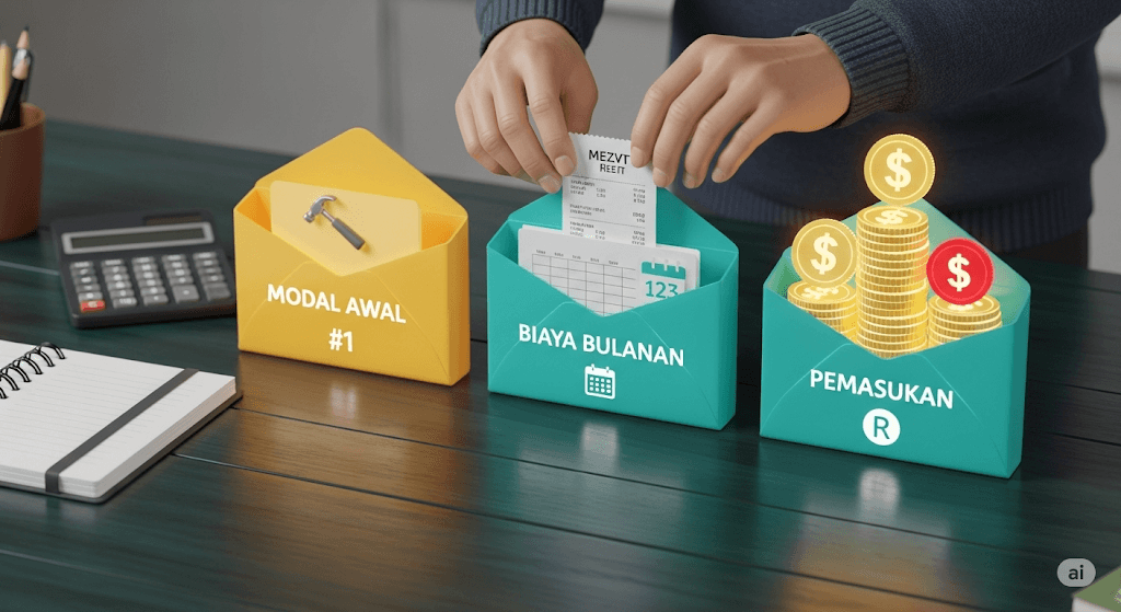 Tiga amplop anggaran di atas meja, sebuah template sederhana untuk membuat anggaran usaha rumahan bagi pemula.